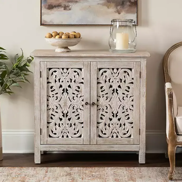 Sale Kirklands Home Cream Washed Wood Carved Door Cabinet Tan