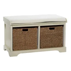 Kirklands Home Cream Wood Bench with Storage Baskets White