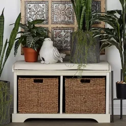 Kirklands Home Cream Wood Bench with Storage Baskets White