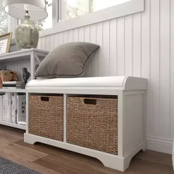 Kirklands Home Cream Wood Bench with Storage Baskets White