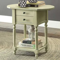 New Kirklands Home Cream Wood 2-Drawer Drop Leaf Side Table Ivory
