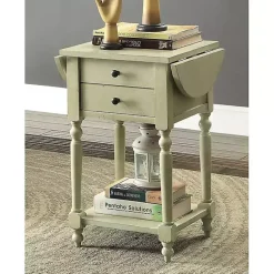 New Kirklands Home Cream Wood 2-Drawer Drop Leaf Side Table Ivory