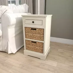 Hot Kirklands Home Cream Wood Side Table with Woven Baskets Ivory