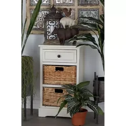 Hot Kirklands Home Cream Wood Side Table with Woven Baskets Ivory