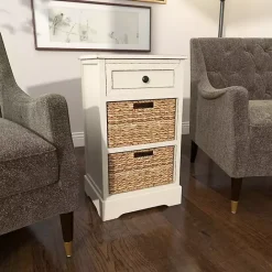 Hot Kirklands Home Cream Wood Side Table with Woven Baskets Ivory