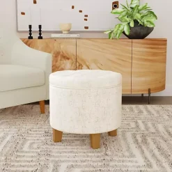 New Kirklands Home Cream Woven Upholstered Tufted Storage Ottoman White