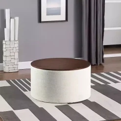 Sale Kirklands Home Cream Woven Wood Top Storage Ottoman Ivory
