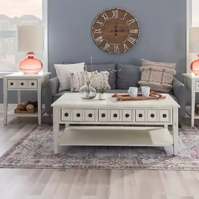 New Kirklands Home Distressed Cream Wood 3-Drawer Coffee Table Ivory