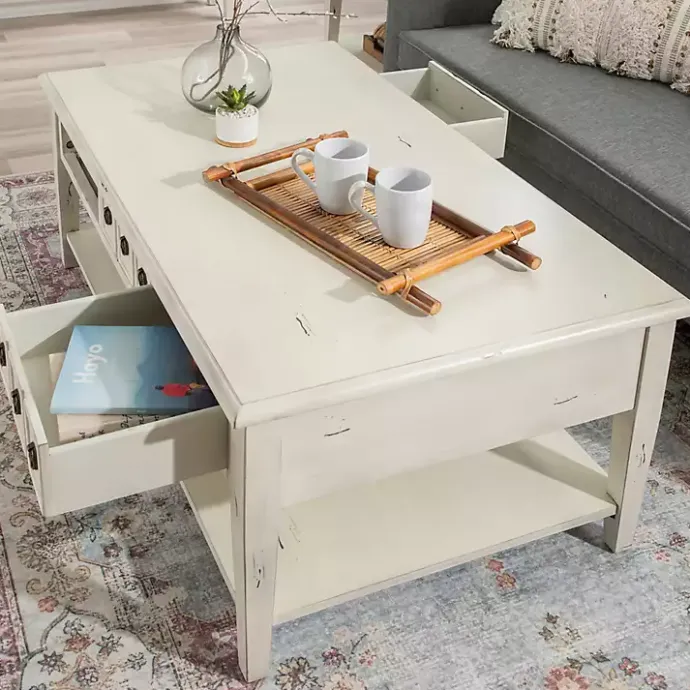 New Kirklands Home Distressed Cream Wood 3-Drawer Coffee Table Ivory