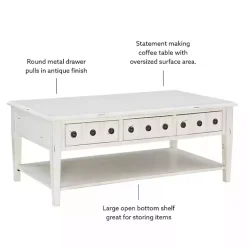 New Kirklands Home Distressed Cream Wood 3-Drawer Coffee Table Ivory