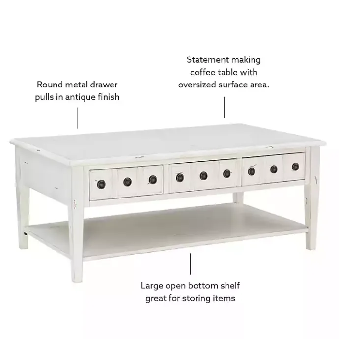 New Kirklands Home Distressed Cream Wood 3-Drawer Coffee Table Ivory