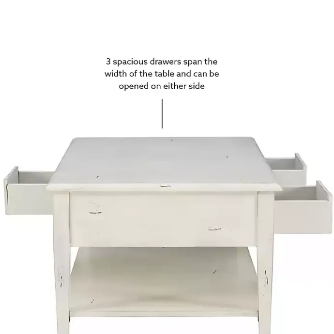 New Kirklands Home Distressed Cream Wood 3-Drawer Coffee Table Ivory