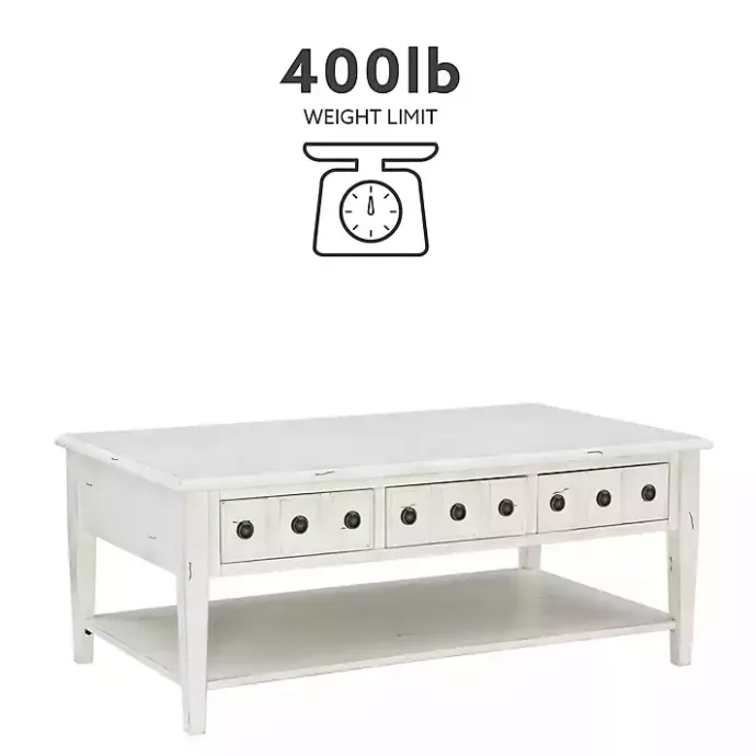 New Kirklands Home Distressed Cream Wood 3-Drawer Coffee Table Ivory
