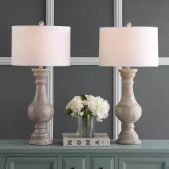 New Kirklands Home Distressed Ivory Faux Wood Table Lamps, Set of 2 White