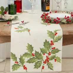 New Kirklands Home Evergreen Holly Leaves Cotton Runner