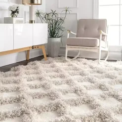 New Kirklands Home Francis Diamond Shaggy Area Rug, 6x9 White