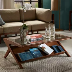 Online Kirklands Home Glass and Walnut Wood Angled Coffee Table Brown