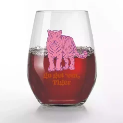New Kirklands Home Go Get 'Em, Tiger Stemless Wine Glasses, Set of 2 Pink
