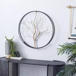 Online Kirklands Home Gold Iron Leaf-Less Tree Round Frame Wall Plaque Black