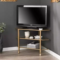 Hot Kirklands Home Metal and Glass Corner TV Stand Gold