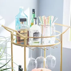 Clearance Kirklands Home Gold Metal Frame Bar Cart with Mirrored Shelves