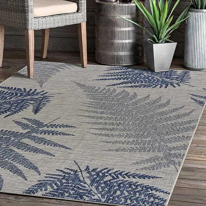Outlet Kirklands Home Gray and Navy Falling Ferns Outdoor Area Rug, 5x7