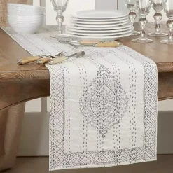 Kirklands Home Gray and White Kantha Stitch Table Runner