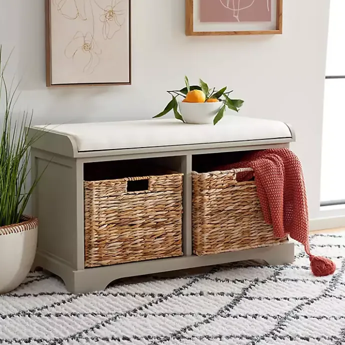 Best Kirklands Home Bench with Woven Storage Baskets Gray