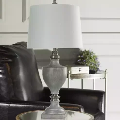 Clearance Kirklands Home Gray Faux Wood and Silver Table Lamp White