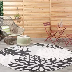 New Kirklands Home Gray Floral Burst Round Outdoor Area Rug