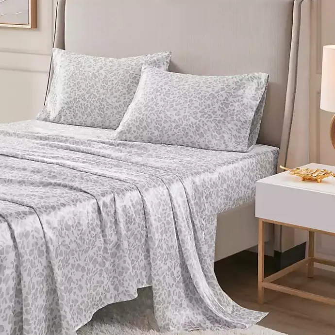Sale Kirklands Home Gray Leopard Print Satin 4-pc. Queen Sheet Set