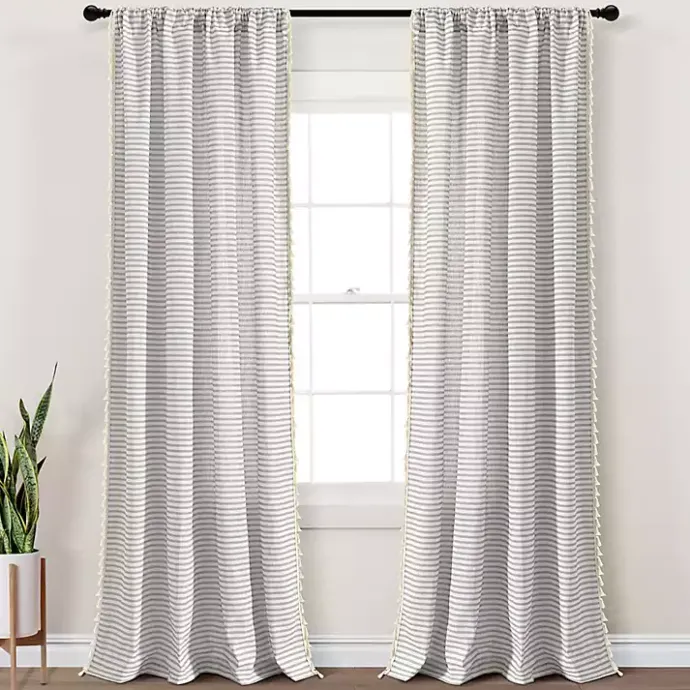 Sale Kirklands Home Gray Striped Tassel Curtain Panel Set, 84 in.