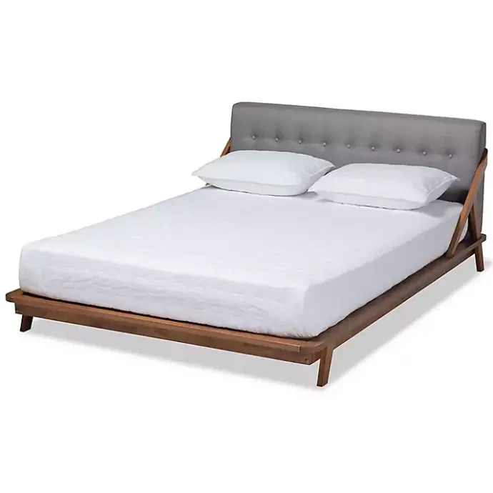 New Kirklands Home Tufted and Natural Walnut King Platform Bed Gray