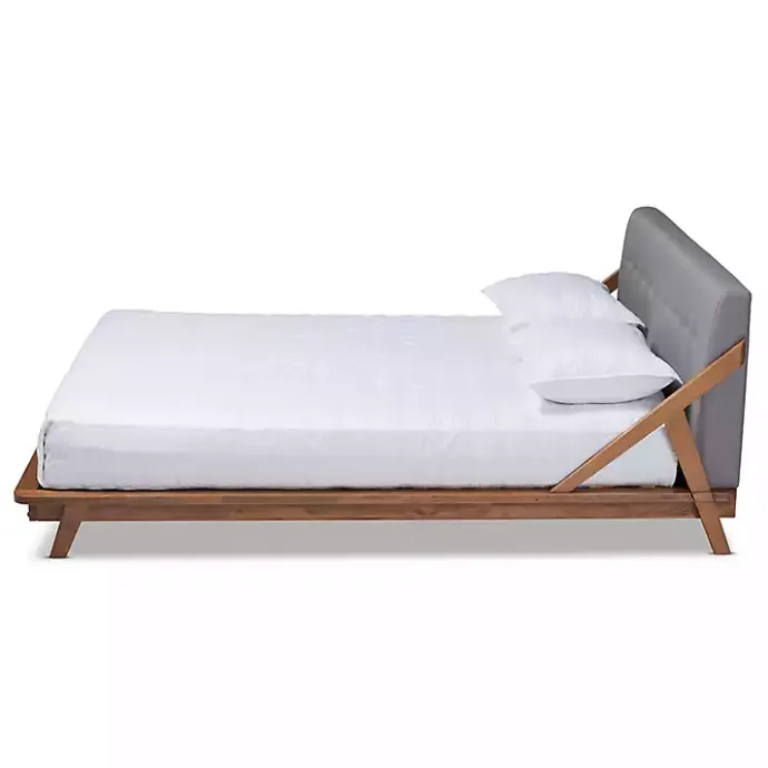 New Kirklands Home Tufted and Natural Walnut King Platform Bed Gray