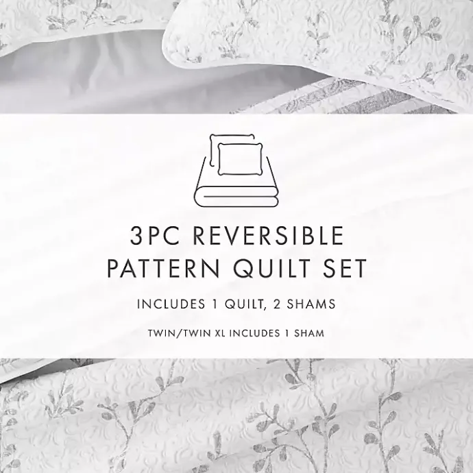 New Kirklands Home Gray Vines Reversible 3-pc. Queen Quilt Set