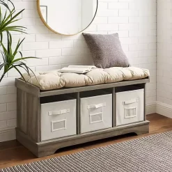 Online Kirklands Home Gray Wash Entryway Bench and Storage Bins Tan