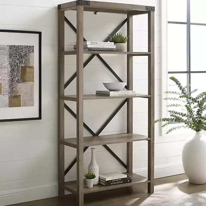 Outlet Kirklands Home Wash Metal X Frame Back Bookshelf Gray
