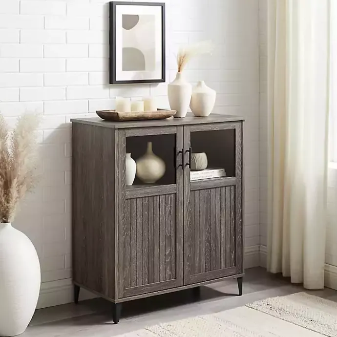 New Kirklands Home Wood Glass Windows Storage Cabinet Gray