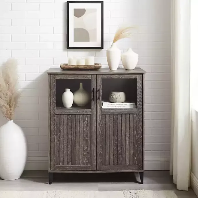 New Kirklands Home Wood Glass Windows Storage Cabinet Gray
