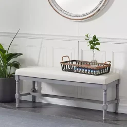 Discount Kirklands Home Wood Upholstered Burlap Seat Bench Gray