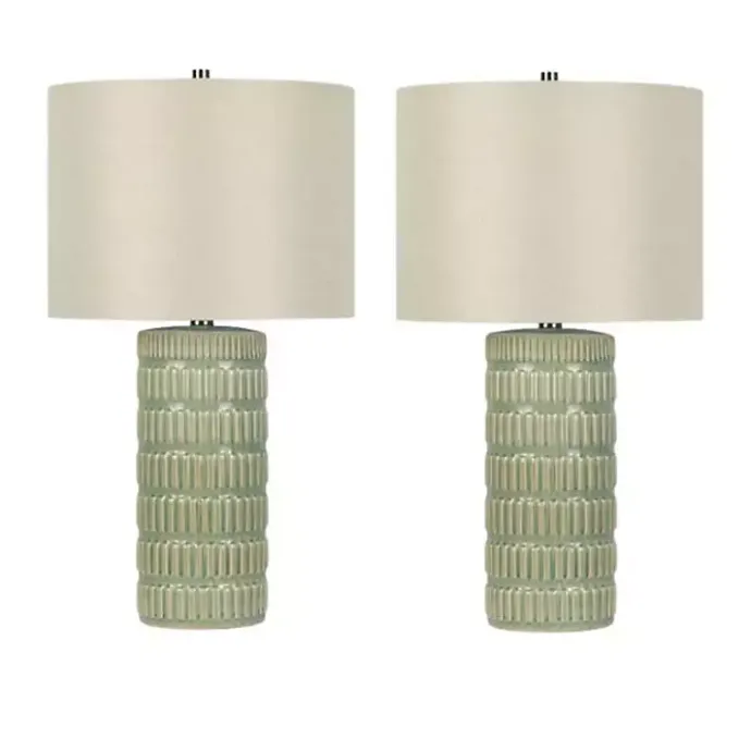 New Kirklands Home Green Textured Column Table Lamps, Set of 2 Tan