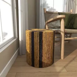 Sale Kirklands Home Handmade Round Banana Leaf Striped Accent Table Brown