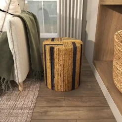 Sale Kirklands Home Handmade Round Banana Leaf Striped Accent Table Brown