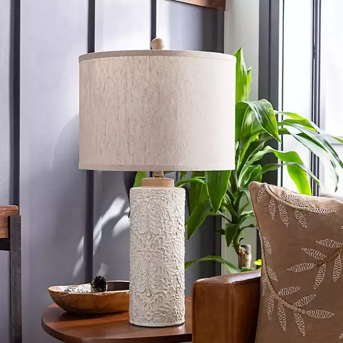 Best Kirklands Home Ivory Embossed Floral Cylinder Table Lamp Tan