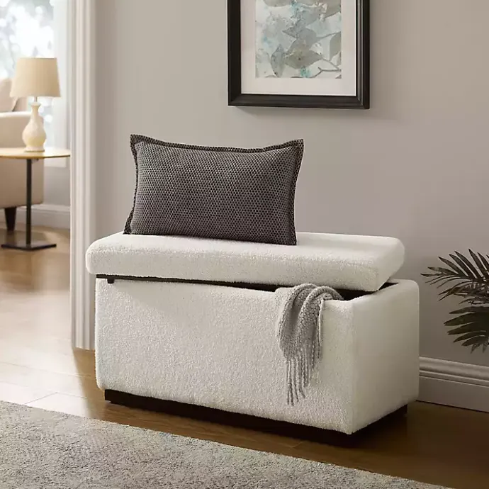 New Kirklands Home Ivory Sherpa & Walnut Rectangle Storage Ottoman