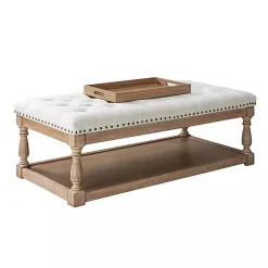 Kirklands Home Tufted Rectangle Wood Ottoman Ivory