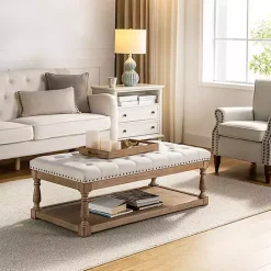 Kirklands Home Tufted Rectangle Wood Ottoman Ivory