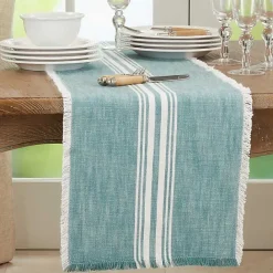 Outlet Kirklands Home Light Blue Striped Fringe Table Runner, 72 in.