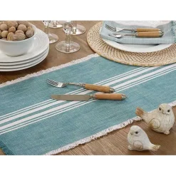 Outlet Kirklands Home Light Blue Striped Fringe Table Runner, 72 in.