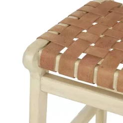 Clearance Kirklands Home Light Brown Woven Leather Wooden Counter Stool Tan